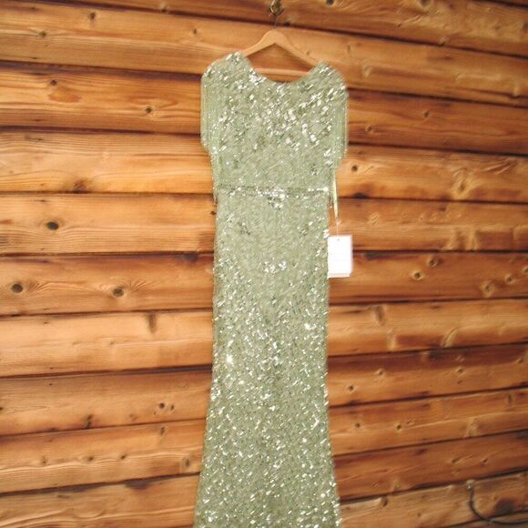MAC DUGGAL 4908 Green High Neck Sleeveless Beaded Fringe Fitted Gown 8 - Picture 6 of 12